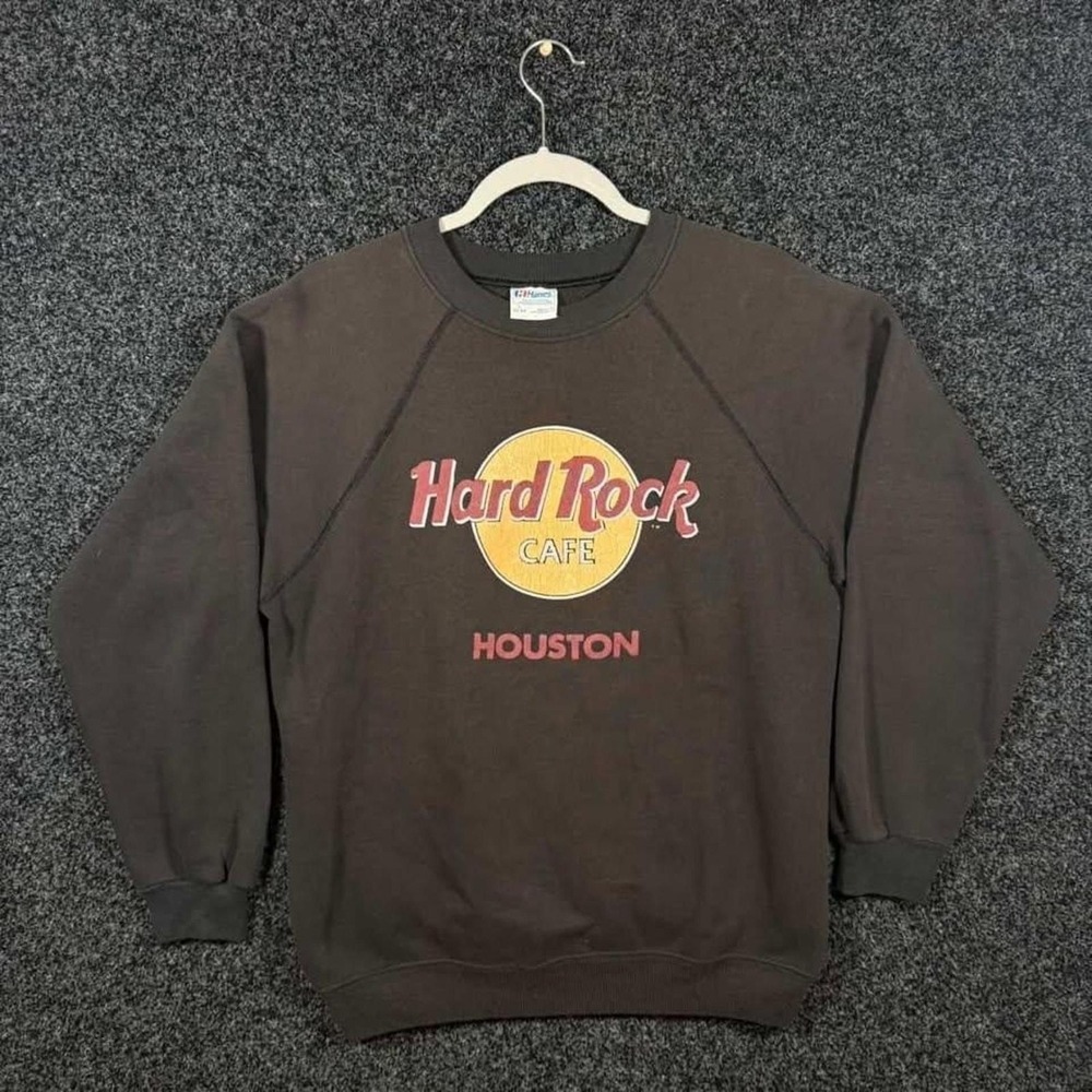 Vintage 80s Hard Rock Cafe Houston Crewneck Sweatshirt Hanes Black Large 22x26